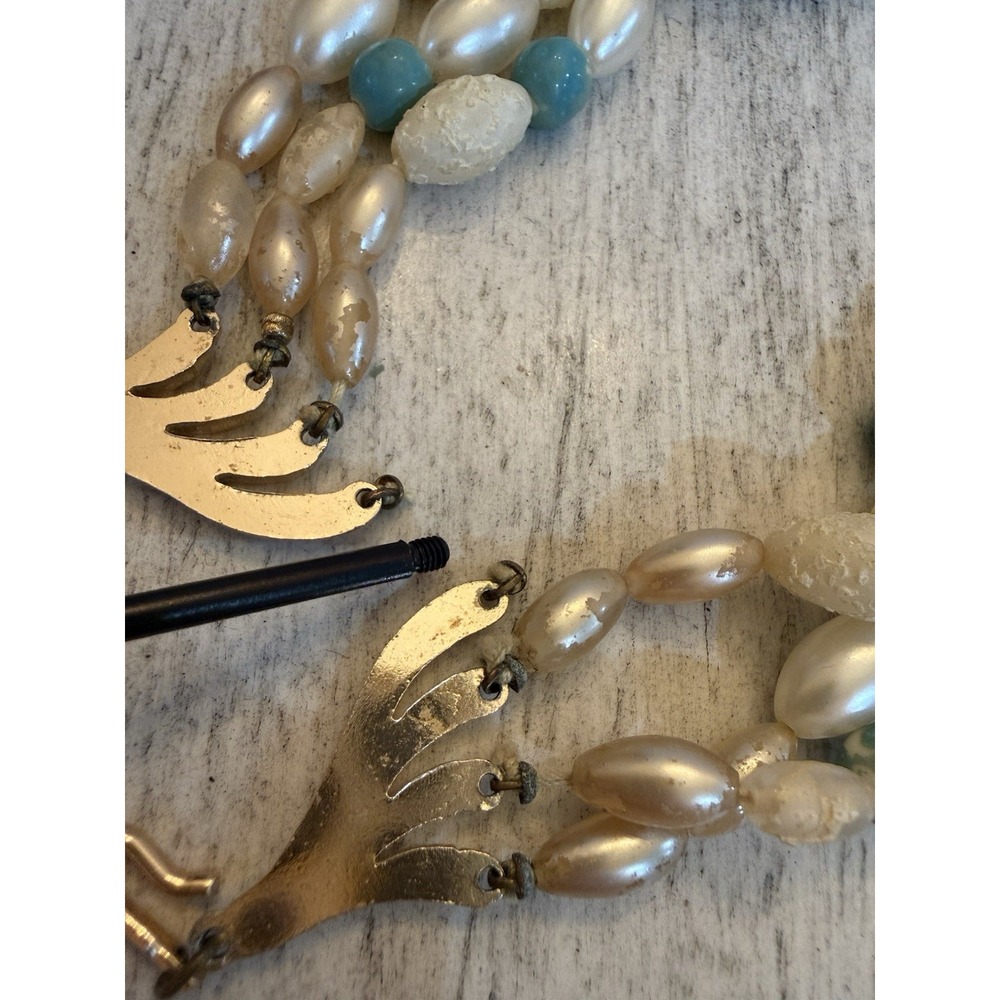 Vintage 1960s Japan Aqua Blue White Pearl Beaded Necklace Clip On Earrings Set - Picture 12 of 15